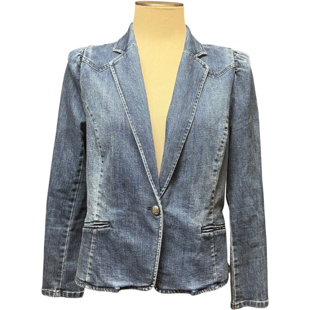 INC International Concepts Puff Shoulder Denim Jean Jacket Large